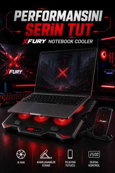FURY E-Sport Laptop Soğutucu 6 Fanlı Lcd Kontrol Panel Ayarlanabilir Dizüstü Bilgisayar Soğutma Fanı