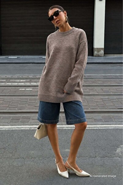 Madmext Mink Crew Neck Oversize Long Women's Knitwear Sweater Mg2890