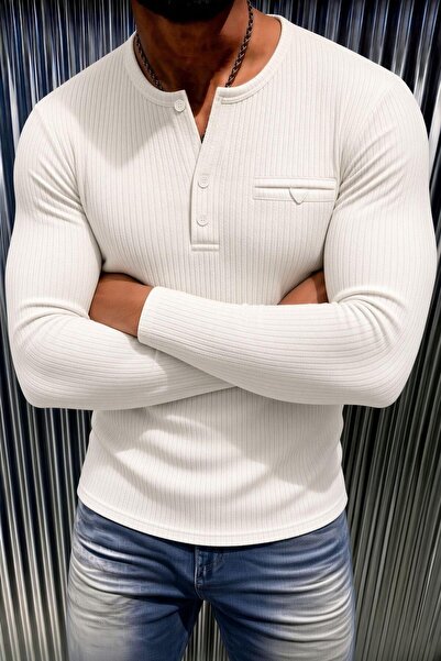 Oksit Fer Erkek Düğme ve Gizli Cep Görünümlü Slim Fit Henley Yaka Uzun Kollu T-shirt