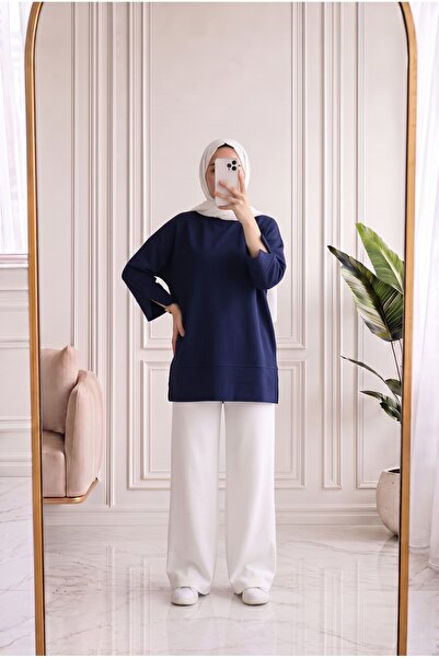 MİHRA STORE Sırmahan Sleeve Cuffed Slit Tunic-Na912 Navy Blue