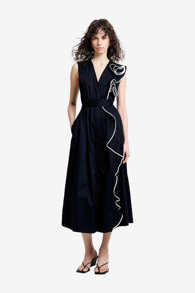 French Connection Women's Black/Linen White Alexis Poplin Corsage Dress