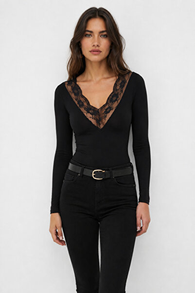 Sienza Women's Black Lace Detailed V-Neck Long Sleeve Slim Fit Blouse