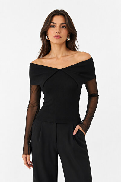 Sienza Women's Black Madonna Collar Tulle Sleeve Camisole Blouse