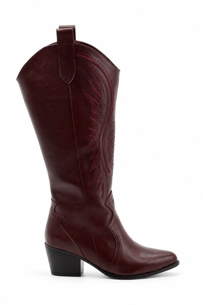 İX Django Women's Embroidered Pointed Toe Thick Heeled Below the Knee Western...