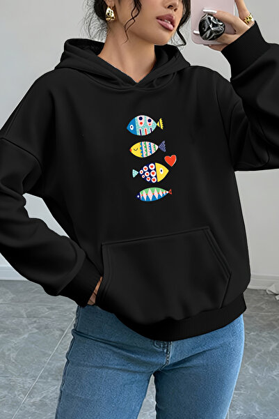 uyguntarz Unisex Fish Printed Oversize Hoodie Hooded Sweatshirt