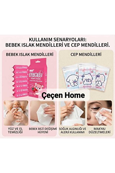 ÇEÇEN HOME Strawberry Patterned 64 Pcs Mini Wet Wipes and Cute Animal Pattern...