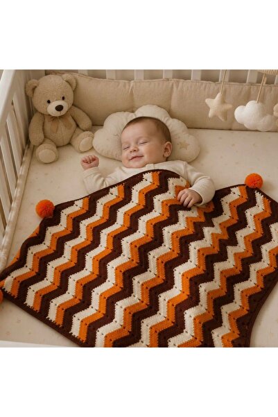 B BUL AKSESUAR Hand Knitted Baby Blanket 80X80 cm – Colorful Zigzag Patterned...