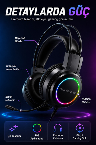 Omaze RGB LED Mikrofonlu Kafa Üstü Oyuncu Kulaklığı Kablolu Stereo Kulaklık Net ve Güçlü Ses Konforlu Tasarım