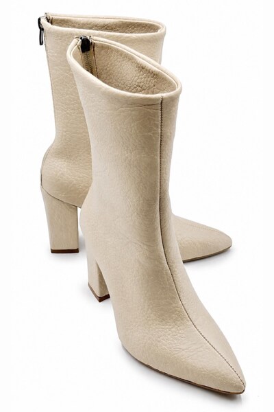 İX Fest Women's Special Textured Wrinkled Leather Pointed Toe Thick Heeled St...