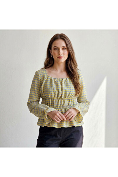 dorbe Women's Yellow Plaid Off-Shoulder Long Sleeve Blouse