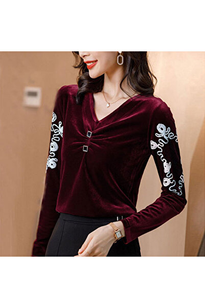 dorbe Women's Maroon Embroidered Long Sleeve Blouse