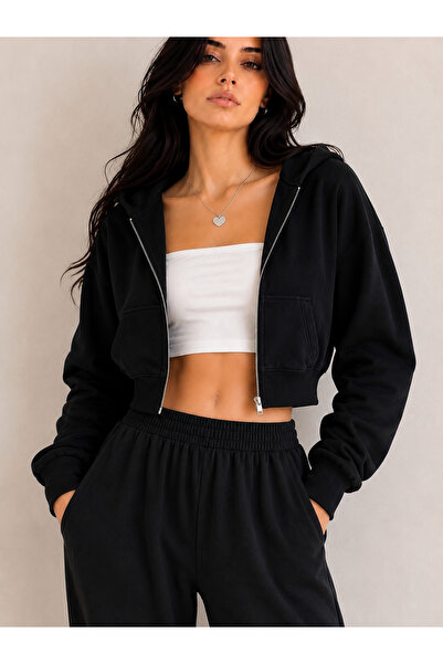 SANTAMİLA Black Crop Sport Zipper Short Cardigan