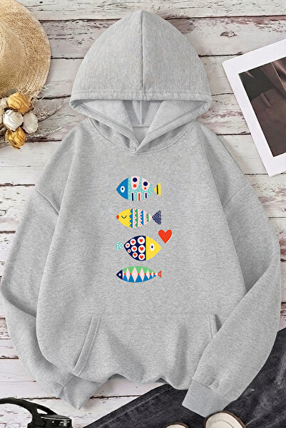 uyguntarz Unisex Fish Printed Oversize Hoodie Hooded Sweatshirt