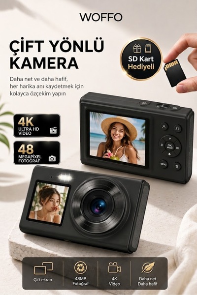 WOFFO 4K Dijital Retro Video Kamera 48MP Flaşlı Kart Dijital Vlog Fotoğraf Ma...