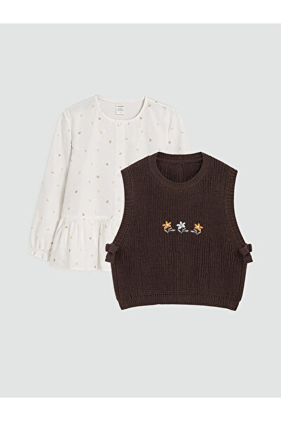 LC Waikiki Lcw Kids Ecru Girls' Embroidered Knitwear Sweater and Shirt Set