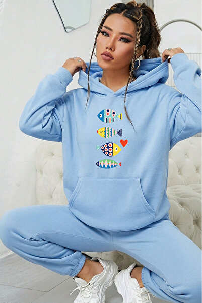 uyguntarz Unisex Fish Printed Oversize Hoodie Hooded Sweatshirt