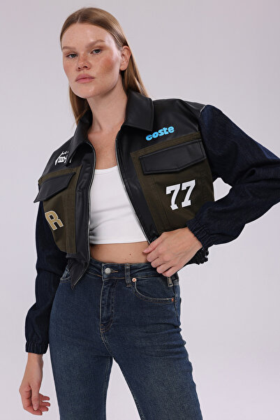 CHOS7N Women's Double-Capped Faux Leather Waist Elasticated Front Denim Gabardine Printed Coat Street Fashion Zipper Jacket