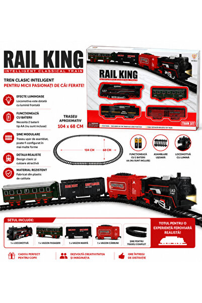SHOP LIKE A PRO Set Tren Electric Rail King cu Locomotivă Luminoasă și 3 Vago...