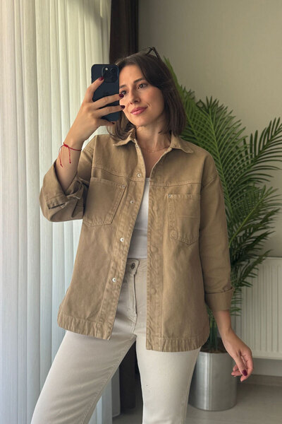 Kubos Moda Double Pocket Snap Fastener Oversize Gabardine Mink Shirt Jacket