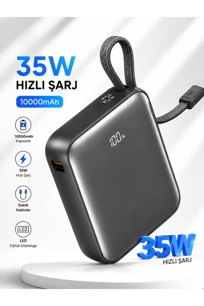 Moxti 35W Süper Hızlı Şarj Powerbank 10000 mAh Dahili Type-C Kablolu Dijital ...