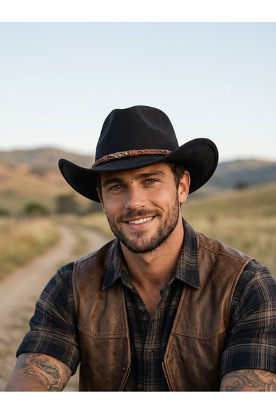Gigi Luxe Erkek Siyah Western Kovboy Şapkası Örgü Deri Bantlı Cowboy Hat