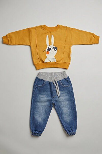 zumino Baby Girl Rabbit Printed Sweatshirt and Jogger Jean Pants Set