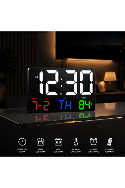 Artnest Dekoratif Renkli LED Dijital Duvar Saati 25 x 16 cm | Tarih • Gün • S...