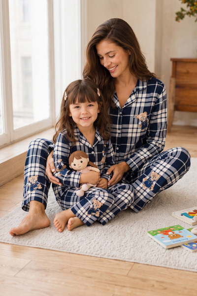 zepkids Mother and Daughter Pajamas Set Navy Blue Teddy Bear Patterned Long S...