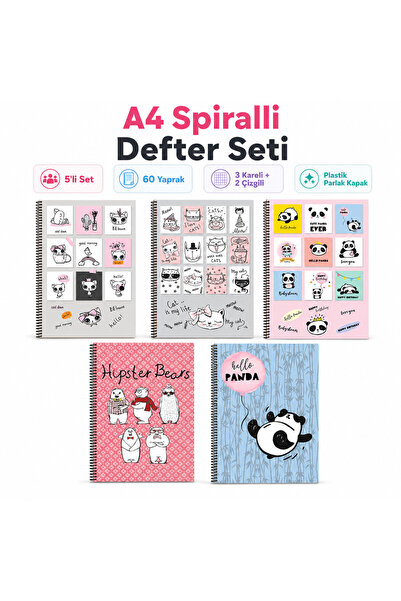 FLY COLOR A4 Spiralli 60 Yaprak 3 Kareli 2 Çizgili P.P Kapak Defter Seti
