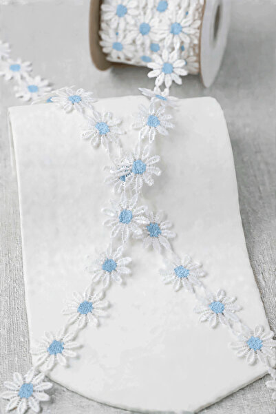 Ak Tuhafiye Daisy Patterned Batik Blue Guipure Lace Ribbon-Applique-Decoratio...