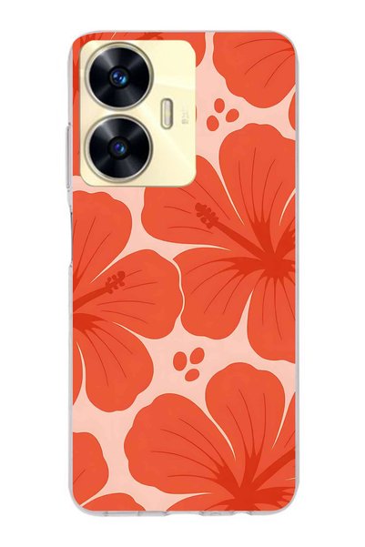 FLAMENKO Realme C55 Compatible Orange Hibiscus Flower Pattern Transparent Pho...