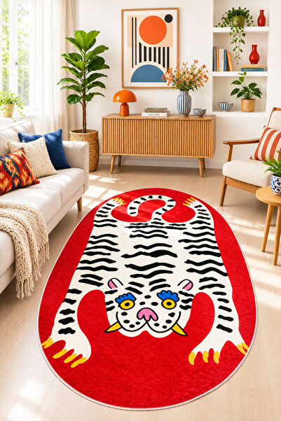 Chilai Home Bonkers Red Makinede Yıkanabilir Kaymaz Taban Leke Tutmaz Dijital Salon Halısı Mutfak Halısı ve Yolluk