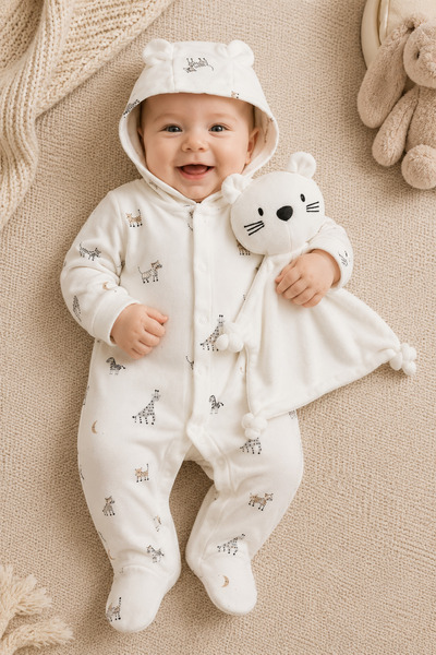 Beniizle Baby Boy Hooded Jumpsuit with Booties and Sleeping Companion Set