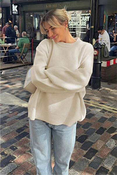 İLMERA Ecru Crew Neck Oversize Women's Knitwear Sweater