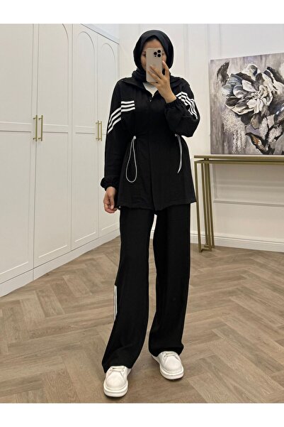 bezenstore ÇİZGİ DESENLİ FERMUARLI SPOR PANTOLONLU İKİLİ TAKIM