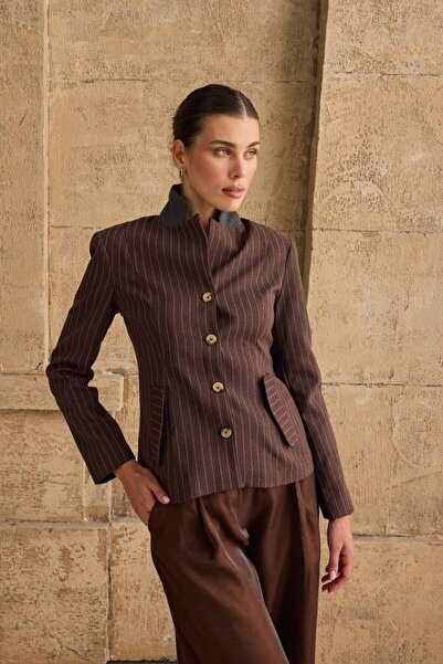 FLOWERİNG Women's Brown Striped Buttoned Stand Collar Padded Pocket Jacket