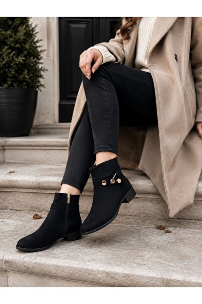 Saltopik Black Suede Flat Sole Buckle Detail Boots