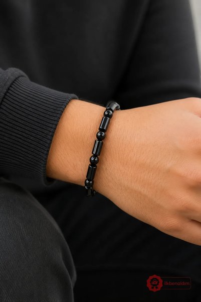 İlkbenaldim Cylinder Stone Onyx Bracelet Black Natural Stone Flexible Elastic Unisex Accessory
