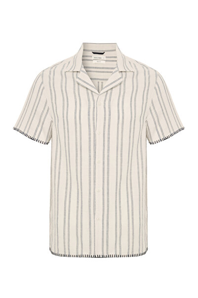 Mudo Men's Ecru Striped Resort Collar Short Sleeve Shirt with Stitching Detail