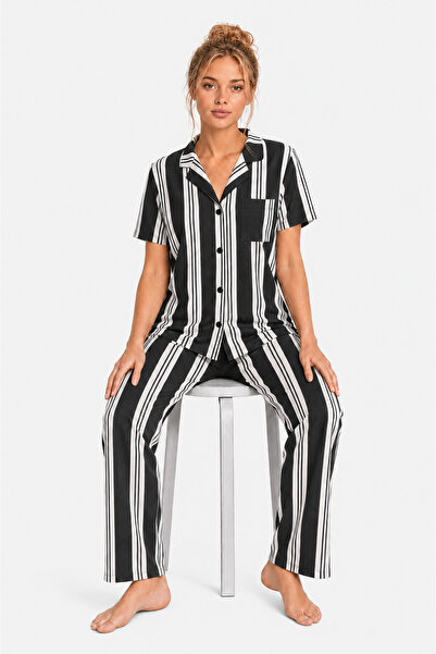 Pijamask Women's Black White Striped Front Buttoned Short Sleeve Shirt Collar...