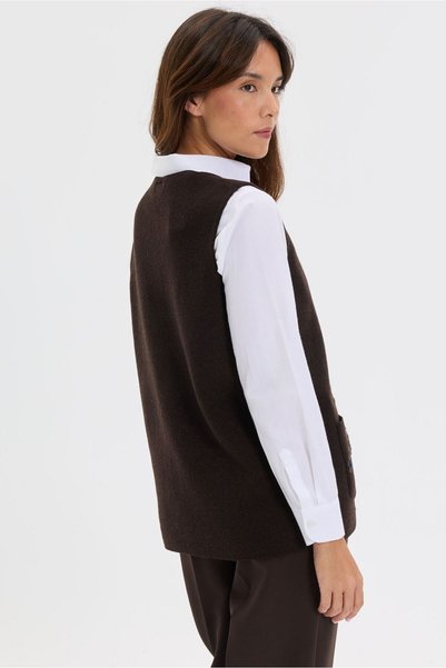 Desen Triko Women's Crew Neck Cross Patterned Short Wool Vest Dark Brown