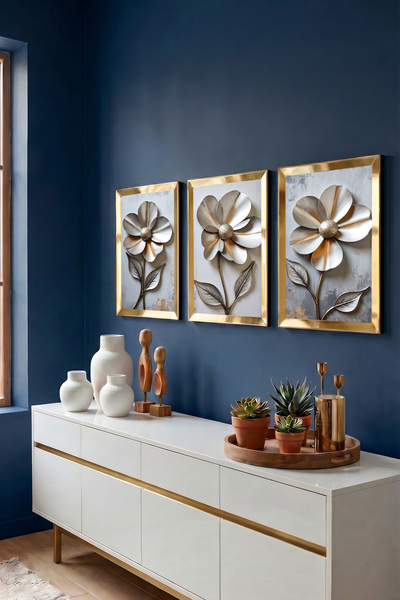Luna Concept Gold Çerceveli Aynalı Pleksi Tablo 3'lü Set Metalik Çiçek Desenli