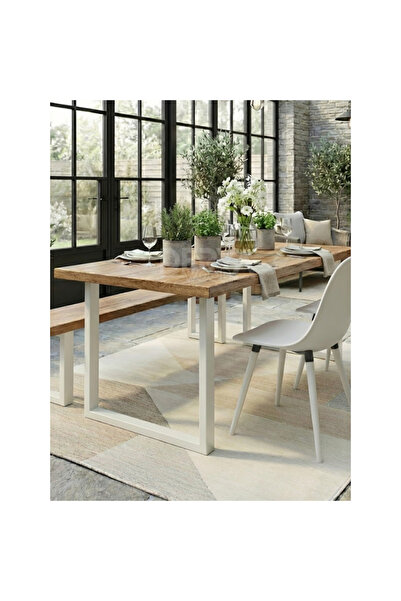 raweyn Ferko Doğal Ahşap Yemek Masası-Kare Beyaz Ayak-70*140 cm