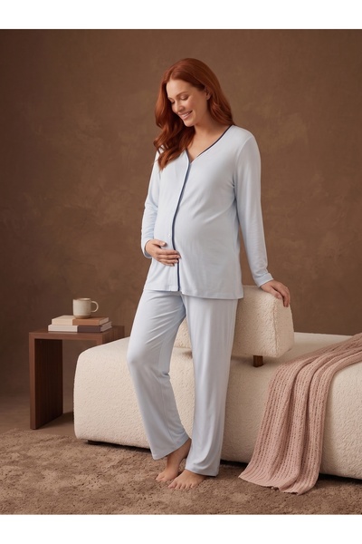 HAFSARA Viscose Textured Front Buttoned Blue Maternity & Pregnancy Pajama Set