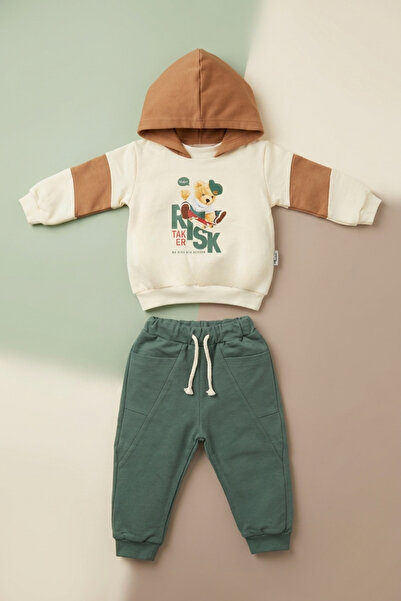 zumino Baby Boy Hooded Skateboard Teddy Bear Printed Tracksuit Set