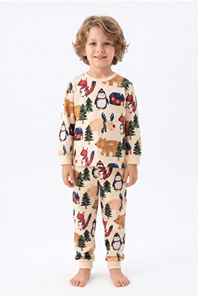 bunny hopp Girls' and Boys' Long Sleeve Pajama Set 100% Cotton Beige Winter F...