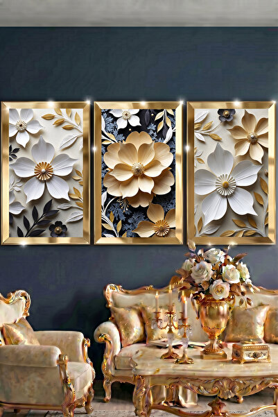 Luna Concept Gold Çerceveli Ayna Pleksili 3'lü Set Modern Tasarım Yeni Ev Hediyesi Tablo