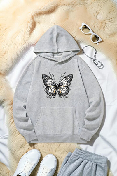 uyguntarz Unisex Pattern Butterfly Printed Oversize Hoodie Hooded Sweatshirt