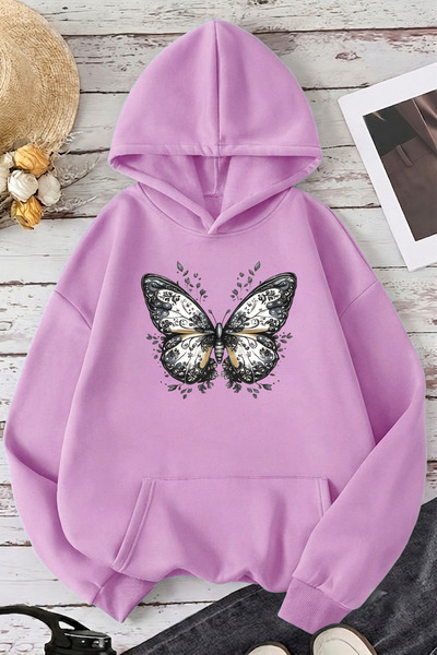 uyguntarz Unisex Pattern Butterfly Printed Oversize Hoodie Hooded Sweatshirt