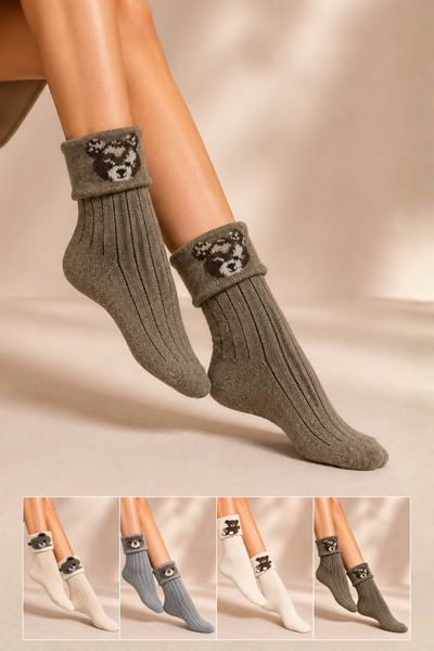 KARDEŞLER ÇORAP Women's Patterned Curly Terry Lambswool Socks 4-Piece Socks